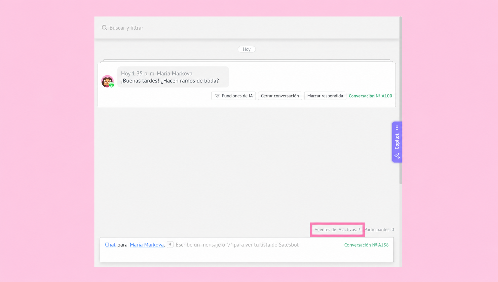 Chat interface displaying a message about wedding bouquets and active AI agents.